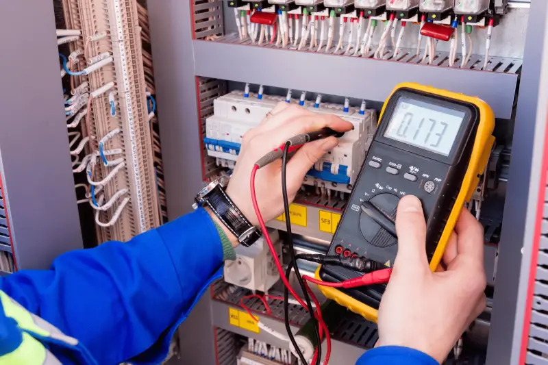 Electrician testing a modern consumer unit with a multimeter during a consumer unit replacement in Doncaster